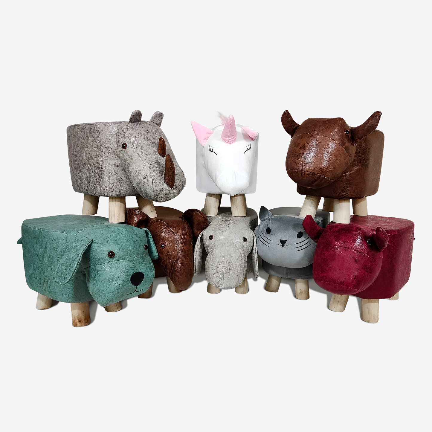 Repose-pieds Pouf Animaux haut 28 cm - Revêtement imperméable, Pieds en bois